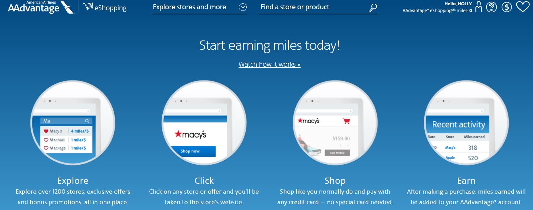 Browse stores and click through the links to earn miles