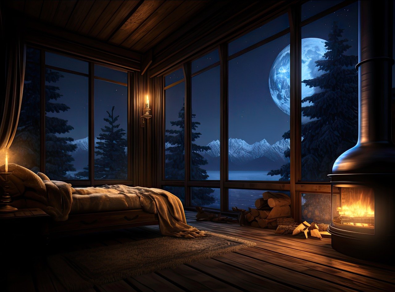 A cozy main bedroom with views