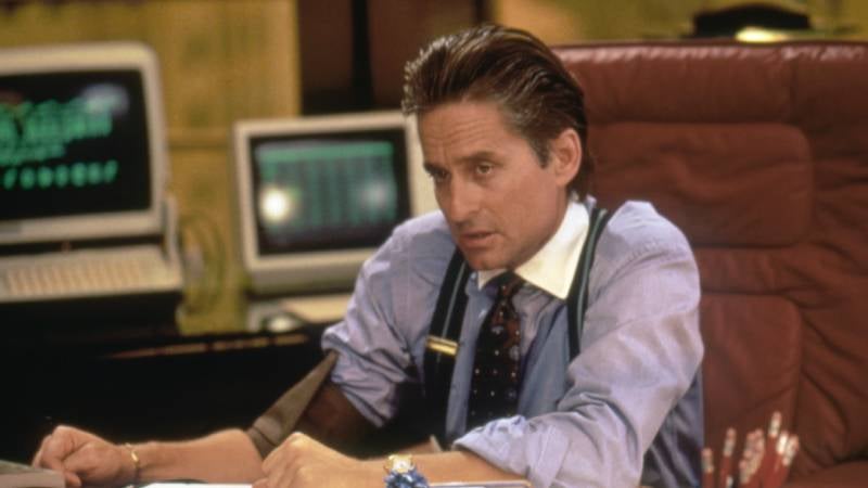 American actor Michael Douglas on the set of "Wall Street."